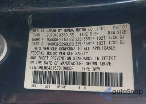 2007 Honda Cr-V Exl z USA, uszkodzony, nr VIN JHLRE48767C100052